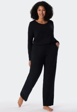 Schiesser Lounge Pants Long Modal Marlene Cut Black - Mix + Relax -Uni Style Shop loungehose lang modal marlene schnitt schwarz mix relax 175482 000 front