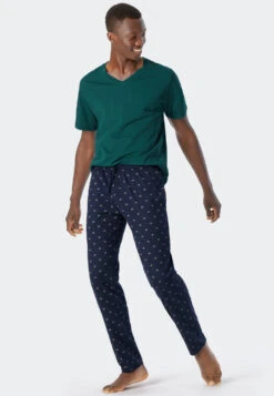 Schiesser Long Lounge Pants Organic Cotton Dark Blue Patterned - Mix & Relax -Uni Style Shop loungehose lang organic cotton dunkelblau gemustert mix relax 178951 803 front