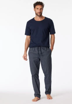 Schiesser Lounge Pants Long Woven Fabric Dark Blue-white Striped - Mix & Relax 5 Schiesser Lounge Pants Long Woven Fabric Dark Blue-white Striped - Mix & Relax -Uni Style Shop loungehose lang webware dunkelblau gestreift mix relax 163842 803 front