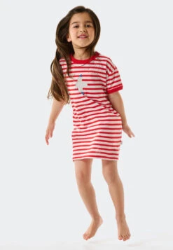 Schiesser Sleep Shirt Short-sleeved Bamboo Organic Cotton Stripes Seagull Red - Natural Love -Uni Style Shop nachthemd kurzarm bamboo organic cotton ringel moewe rot natural love 178908 500 front
