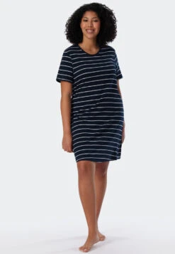 Schiesser Sleep Shirt Short Sleeved Striped Midnight Blue - Original Classics -Uni Style Shop nachthemd kurzarm ringel nachtblau original classics 161066 804 front