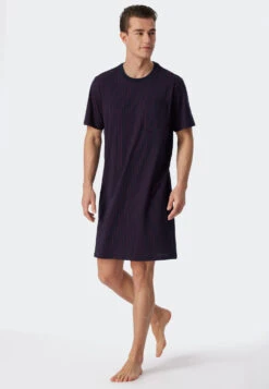 Schiesser Sleep Shirt Short-sleeved Stripes Breast Pocket Dark Blue - Comfort Fit