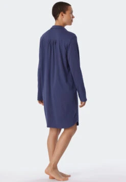 Schiesser Sleep Shirt Long-sleeved Interlock Lapel Collar Button Placket Blue - Comfort Fit