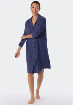 Schiesser Sleep Shirt Long-sleeved Interlock Lapel Collar Button Placket Blue - Comfort Fit -Uni Style Shop nachthemd langarm interlock reverskragen knopfleiste blau comfort fit 179249 800 front