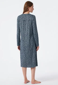 Schiesser Long-sleeved Sleep Shirt Interlock Lapel Collar Button Placket Floral Print Dark Blue - Classic Comfort Fit