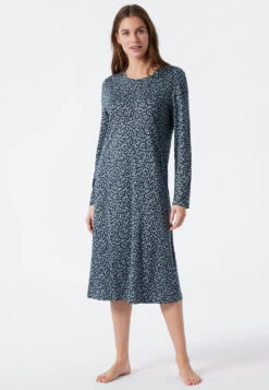 Schiesser Long-sleeved Sleep Shirt Interlock Lapel Collar Button Placket Floral Print Dark Blue - Classic Comfort Fit -Uni Style Shop nachthemd langarm interlock reverskragen knopfleiste blumenprint dunkelblau classic comfort fit 178051 803 detail2