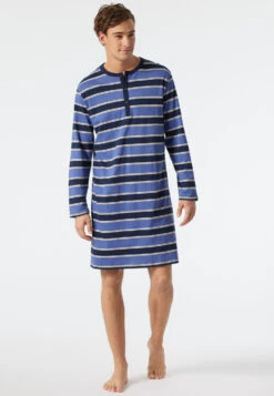 Schiesser Long-sleeved Sleep Shirt Button Placket Striped Denim Blue/dark Blue - Comfort Fit -Uni Style Shop nachthemd langarm knopfleiste gestreift jeansblau dunkelblau comfort fit 178101 816 detail2