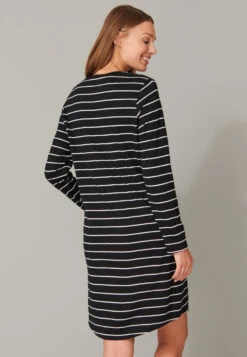 Schiesser Sleep Shirt Long-sleeved Striped Button Placket Black - Original Classics -Uni Style Shop nachthemd langarm ringel knopfleiste schwarz original classics 161068 000 back