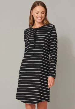 Schiesser Sleep Shirt Long-sleeved Striped Button Placket Black - Original Classics -Uni Style Shop nachthemd langarm ringel knopfleiste schwarz original classics 161068 000 detail2