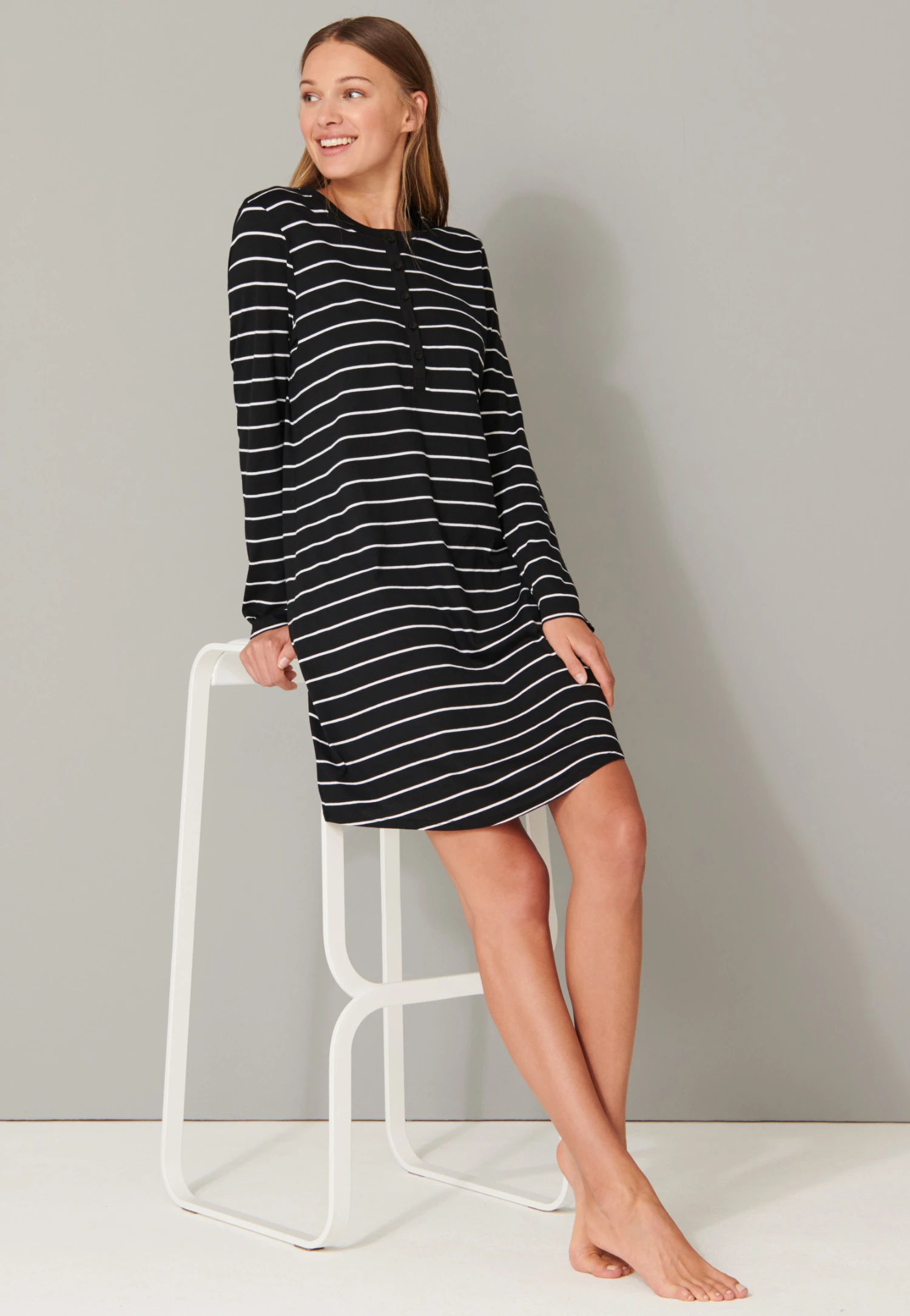 Schiesser Sleep Shirt Long-sleeved Striped Button Placket Black - Original Classics 2 Schiesser Sleep Shirt Long-sleeved Striped Button Placket Black - Original Classics - Image 2