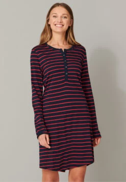 Schiesser Sleep Shirt Long Sleeve Stripes Button Placket Black-red - Selected! Premium Inspiration -Uni Style Shop nachthemd langarm ringel knopfleiste schwarz rot selected premium inspiration 161068 913 detail2