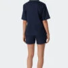 Schiesser Pajamas Short Cotton Woven Satin Button Placket Piping Dark Blue - Selected! Premium Inspiration