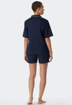 Schiesser Pajamas Short Cotton Woven Satin Button Placket Piping Dark Blue - Selected! Premium Inspiration