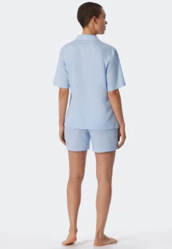 Schiesser Pajamas Short Cotton Woven Satin Button Placket Piping Light Blue - Selected! Premium Inspiration -Uni Style Shop pyjama kurz baumwoll websatin knopfleiste paspeln hellblau selected premium inspiration 179281 805 back