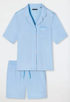 Schiesser Pajamas Short Cotton Woven Satin Button Placket Piping Light Blue - Selected! Premium Inspiration -Uni Style Shop pyjama kurz baumwoll websatin knopfleiste paspeln hellblau selected premium inspiration 179281 805 detail1