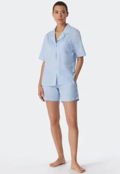 Schiesser Pajamas Short Cotton Woven Satin Button Placket Piping Light Blue - Selected! Premium Inspiration -Uni Style Shop pyjama kurz baumwoll websatin knopfleiste paspeln hellblau selected premium inspiration 179281 805 detail2