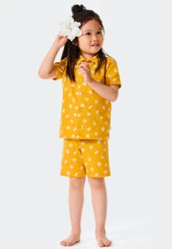 Schiesser Short Pajamas Button Placket Organic Cotton Daisies Yellow - Natural Love