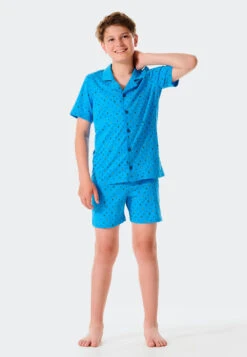 Schiesser Pajama Short Organic Cotton Button Placket Aqua - Pyjama Story -Uni Style Shop pyjama kurz organic cotton knopfleiste aqua pyjama story 176639 833 detail2