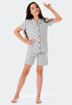 Schiesser Short Pajamas Organic Cotton Button Placket Cacti Heather Gray - Pyjama Story -Uni Style Shop pyjama kurz organic cotton knopfleiste kakteen grau meliert pyjama story 176631 202 detail2
