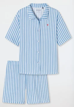 Schiesser Pajamas Short Organic Cotton Button Placket Stripes Heart Air - Aquatic Flow