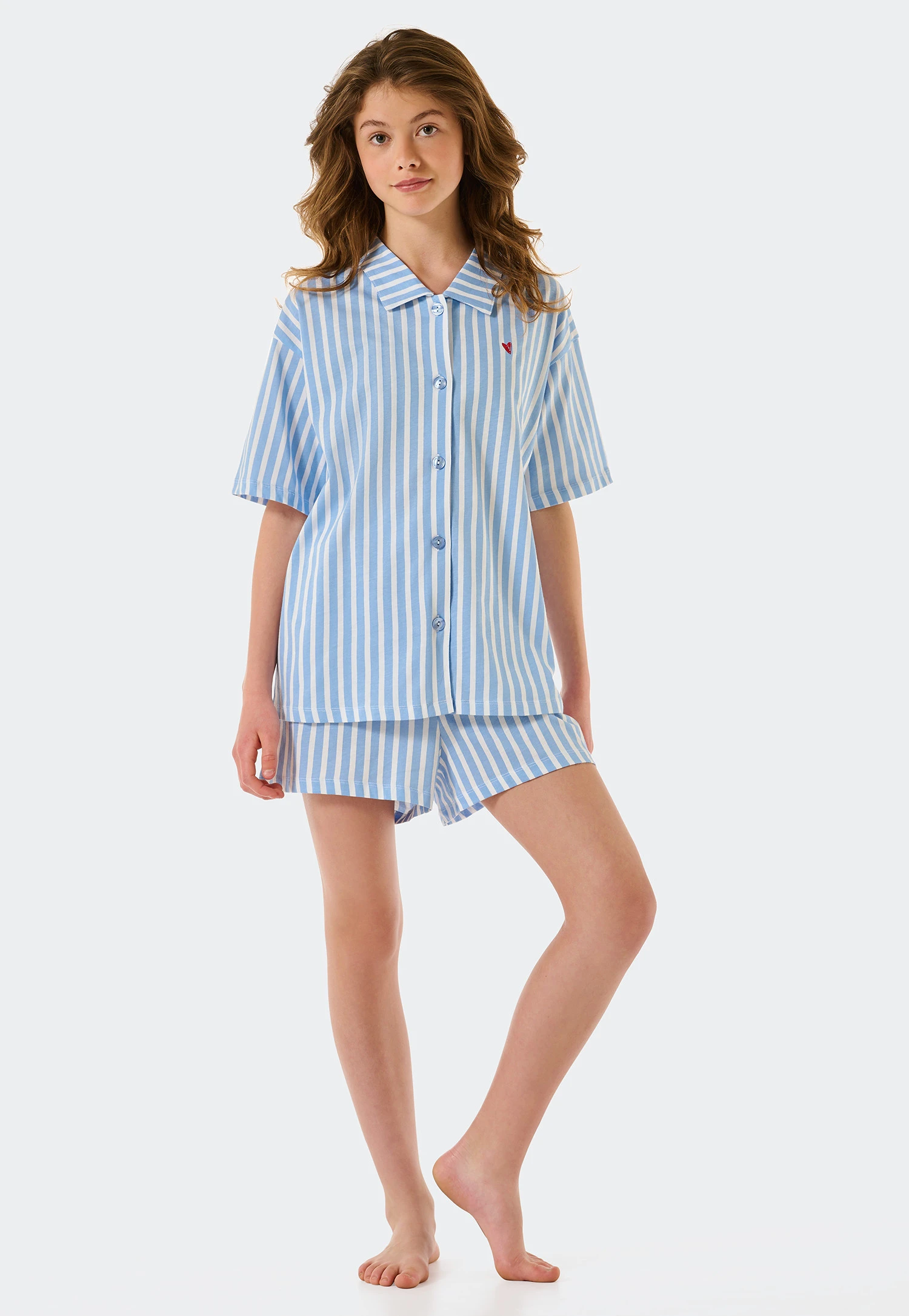 Schiesser Pajamas Short Organic Cotton Button Placket Stripes Heart Air - Aquatic Flow 2 Schiesser Pajamas Short Organic Cotton Button Placket Stripes Heart Air - Aquatic Flow - Image 2