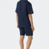 Schiesser Pajamas Short Woven Satin Button Placket Piping Dark Blue - Cotton Satin