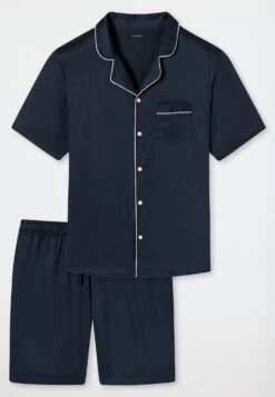 Schiesser Pajamas Short Woven Satin Button Placket Piping Dark Blue - Cotton Satin -Uni Style Shop pyjama kurz websatin knopfleiste paspeln dunkelblau cotton satin 179287 803 detail1