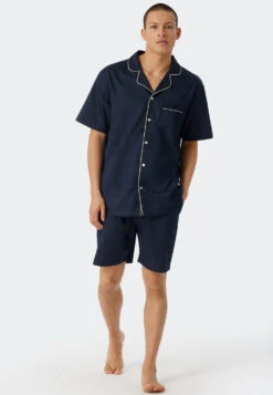 Schiesser Pajamas Short Woven Satin Button Placket Piping Dark Blue - Cotton Satin -Uni Style Shop pyjama kurz websatin knopfleiste paspeln dunkelblau cotton satin 179287 803 front