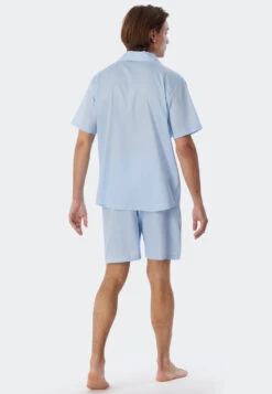 Schiesser Pajamas Short Woven Satin Button Placket Piping Light Blue - Cotton Satin