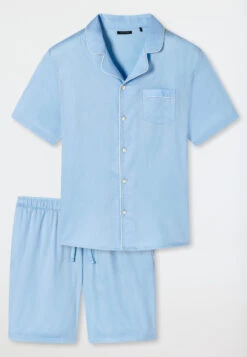 Schiesser Pajamas Short Woven Satin Button Placket Piping Light Blue - Cotton Satin -Uni Style Shop pyjama kurz websatin knopfleiste paspeln hellblau cotton satin 179287 805 detail1