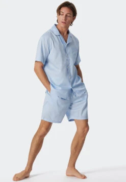 Schiesser Pajamas Short Woven Satin Button Placket Piping Light Blue - Cotton Satin -Uni Style Shop pyjama kurz websatin knopfleiste paspeln hellblau cotton satin 179287 805 front