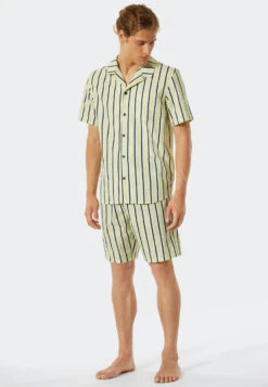 Schiesser Pajamas Short Woven Fabric Button Placket Striped Yellow / Blue - Pyjama Story -Uni Style Shop pyjama kurz webware knopfleiste gestreift gelb blau pyjama story 176826 600 detail2