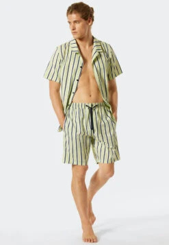 Schiesser Pajamas Short Woven Fabric Button Placket Striped Yellow / Blue - Pyjama Story -Uni Style Shop pyjama kurz webware knopfleiste gestreift gelb blau pyjama story 176826 600 front