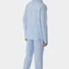 Schiesser Pajamas Long Woven Satin Button Placket Piping Light Blue - Cotton Satin