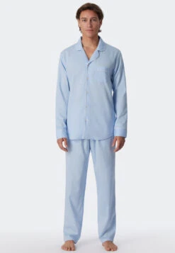 Schiesser Pajamas Long Woven Satin Button Placket Piping Light Blue - Cotton Satin -Uni Style Shop pyjama lang websatin knopfleiste paspeln hellblau cotton satin 179302 805 detail2