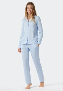 Schiesser Pajamas Long Woven Satin Lapel Collar Light Blue - Selected! Premium Inspiration -Uni Style Shop pyjama lang websatin reverskragen hellblau selected premium inspiration 178330 805 detail2