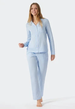 Schiesser Pajamas Long Woven Satin Lapel Collar Light Blue - Selected! Premium Inspiration