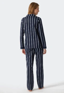 Schiesser Pajamas Long Woven Satin Lapel Collar Stripes Blue - Selected! Premium Inspiration -Uni Style Shop pyjama lang websatin reverskragen streifen blau selected premium inspiration 178335 800 back