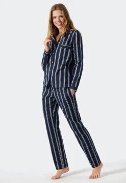 Schiesser Pajamas Long Woven Satin Lapel Collar Stripes Blue - Selected! Premium Inspiration -Uni Style Shop pyjama lang websatin reverskragen streifen blau selected premium inspiration 178335 800 detail2