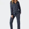 Schiesser Pajamas Long Woven Satin Lapel Collar Stripes Blue - Selected! Premium Inspiration