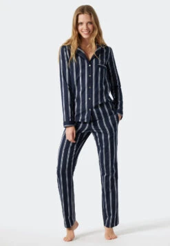 Schiesser Pajamas Long Woven Satin Lapel Collar Stripes Blue - Selected! Premium Inspiration