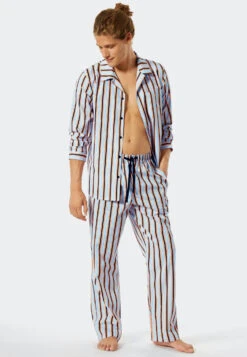 Schiesser Pajamas Long Woven Fabric Button Placket Striped Multicolored - Pyjama Story -Uni Style Shop pyjama lang webware knopfleiste gestreift mehrfarbig pyjama story 177436 802 front