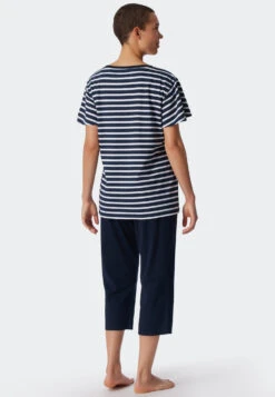 Schiesser Pajamas 3/4-length Organic Cotton Breton Stripes Dark Blue - Essential Stripes -Uni Style Shop schlafanzug 3 4 lang bio baumwolle bretonstreifen dunkelblau essential stripes 179132 803 back