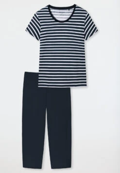 Schiesser Pajamas 3/4-length Organic Cotton Breton Stripes Dark Blue - Essential Stripes -Uni Style Shop schlafanzug 3 4 lang bio baumwolle bretonstreifen dunkelblau essential stripes 179132 803 detail1