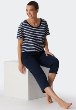 Schiesser Pajamas 3/4-length Organic Cotton Breton Stripes Dark Blue - Essential Stripes