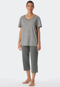 Schiesser Pajamas 3/4-length Organic Cotton Breton Stripes Jade - Essential Stripes