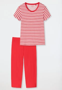Schiesser Pajamas 3/4-length Organic Cotton Breton Stripes Red - Essential Stripes