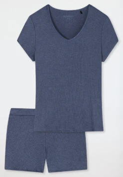 Schiesser Pajamas Short Double Rib Modal V-neck Blue - Modern Rib - Natural Dye