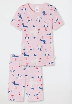 Schiesser Pajamas Short Fine Rib Organic Cotton Seagulls Rosé - Natural Love -Uni Style Shop schlafanzug kurz feinripp organic cotton moewen ros natural love 178905 506 detail1