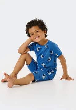Schiesser Pajamas Short Fine Rib Organic Cotton Pelicans Fish Aqua - Natural Love -Uni Style Shop schlafanzug kurz feinripp organic cotton pelikane fische aqua natural love 179017 833 front